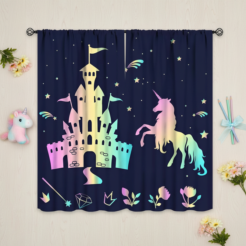 rainbow unicorn curtains - flat-lay