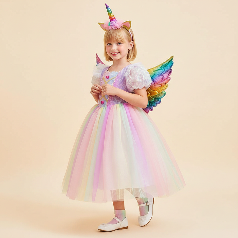 rainbow unicorn dress full set - three-quarter