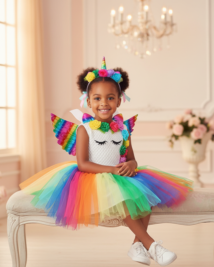 rainbow unicorn dress set wings - sitting