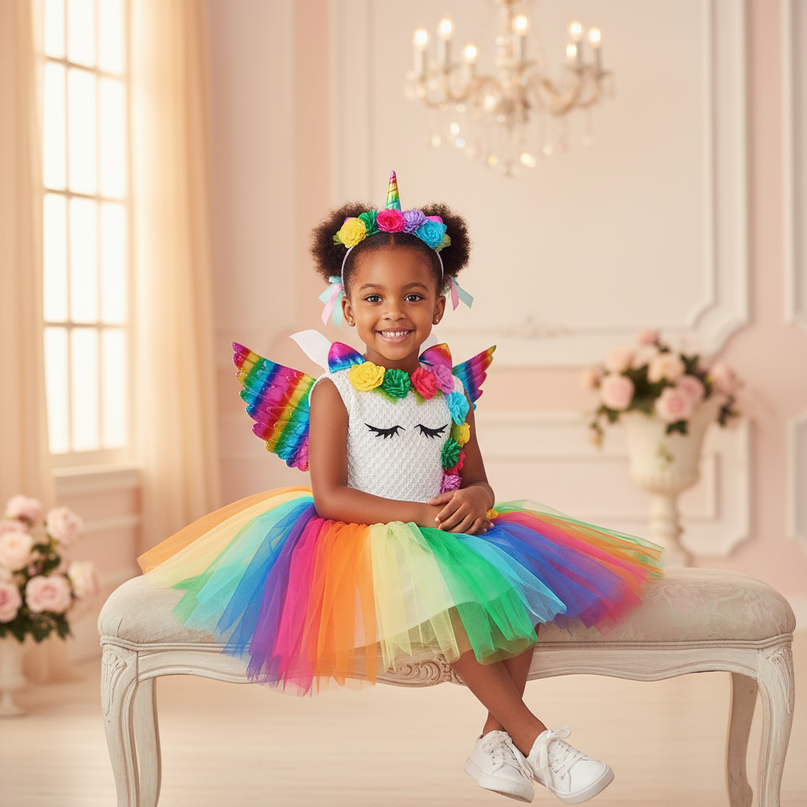 rainbow unicorn dress set wings - sitting