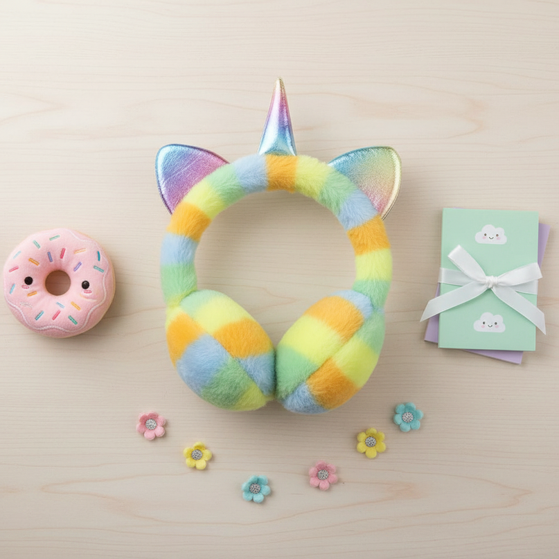 rainbow unicorn earmuffs - flat-lay