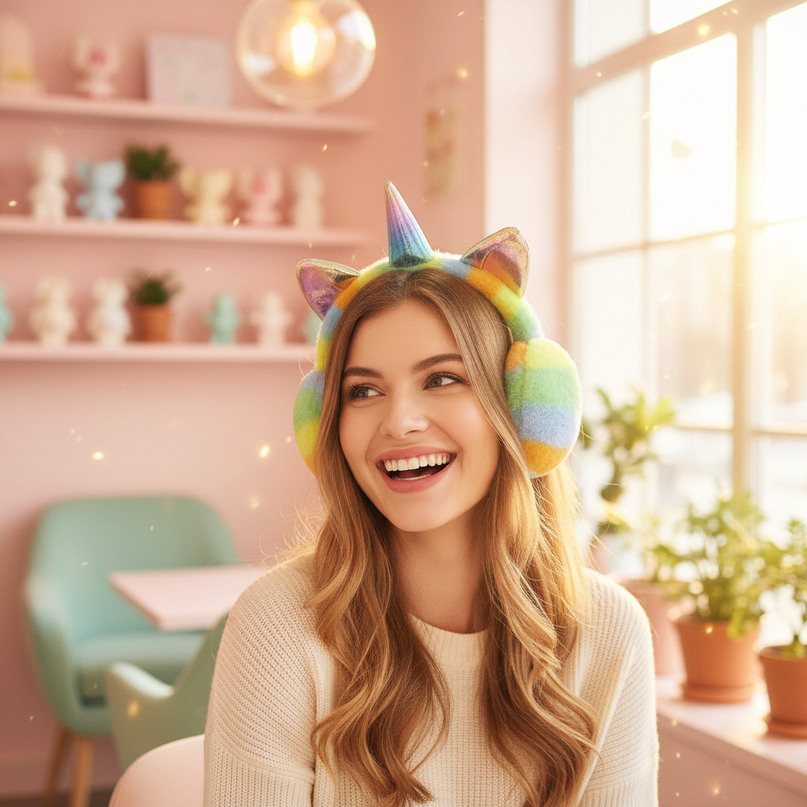 rainbow unicorn earmuffs - in-use