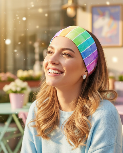 rainbow unicorn elastic headband - in-use