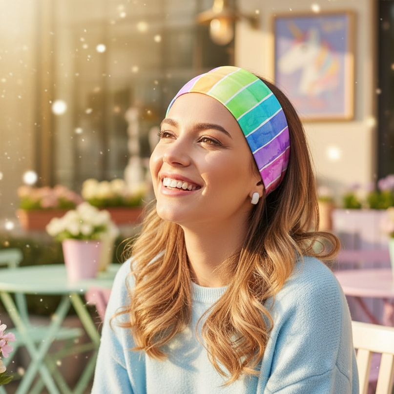 rainbow unicorn elastic headband - in-use