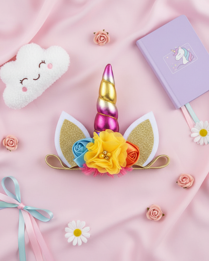 rainbow unicorn floral headband - flat-lay