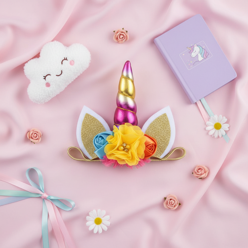 rainbow unicorn floral headband - flat-lay