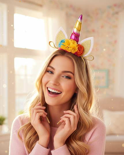 rainbow unicorn floral headband - in-use