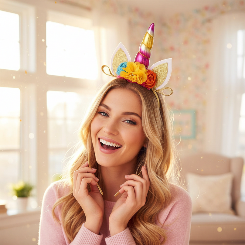 rainbow unicorn floral headband - in-use