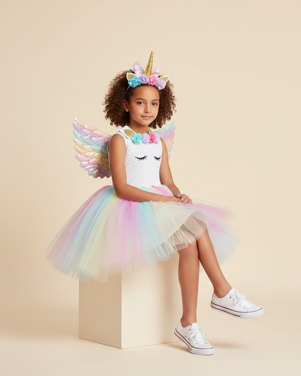 rainbow unicorn flower dress set - sitting