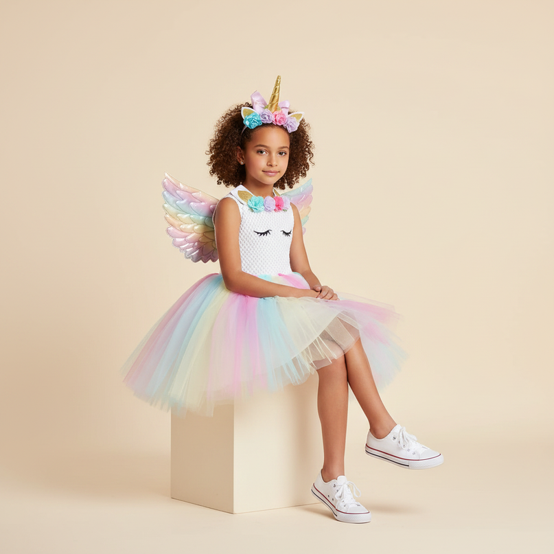 rainbow unicorn flower dress set - sitting
