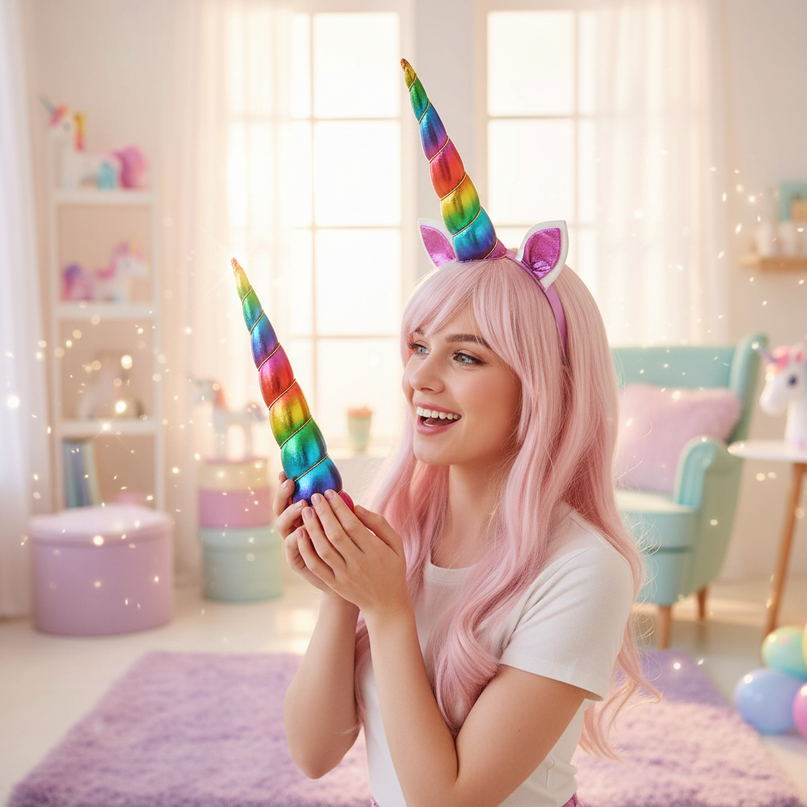 rainbow unicorn horn cosplay prop - in-use