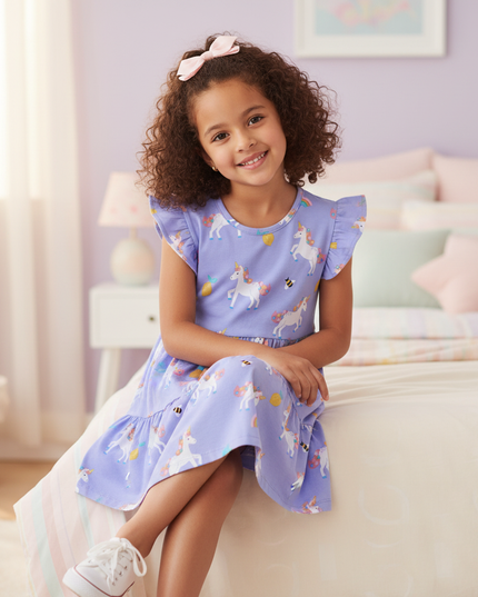 rainbow unicorn knit dress girls - sitting