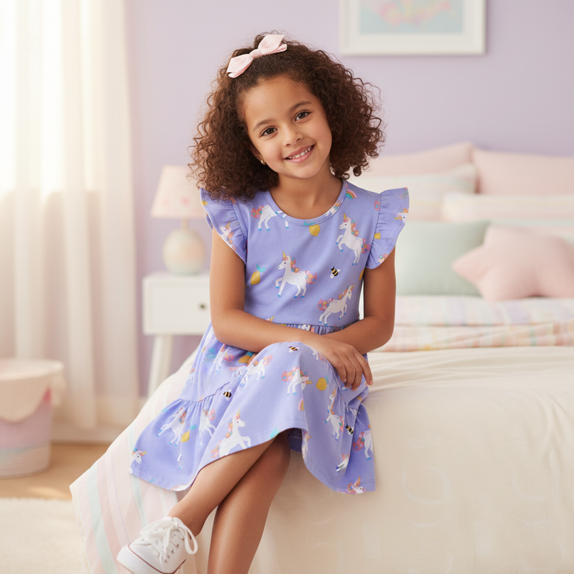 rainbow unicorn knit dress girls - sitting