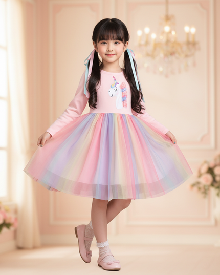 rainbow unicorn long sleeve dress - front
