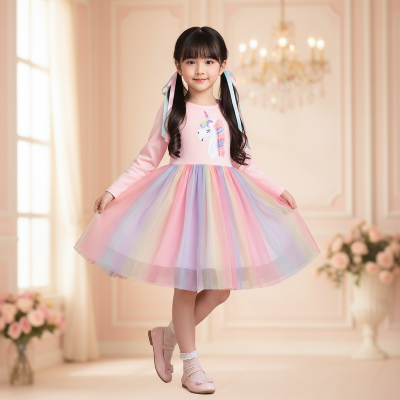 rainbow unicorn long sleeve dress - front