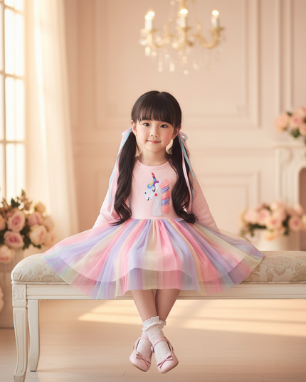 rainbow unicorn long sleeve dress - sitting