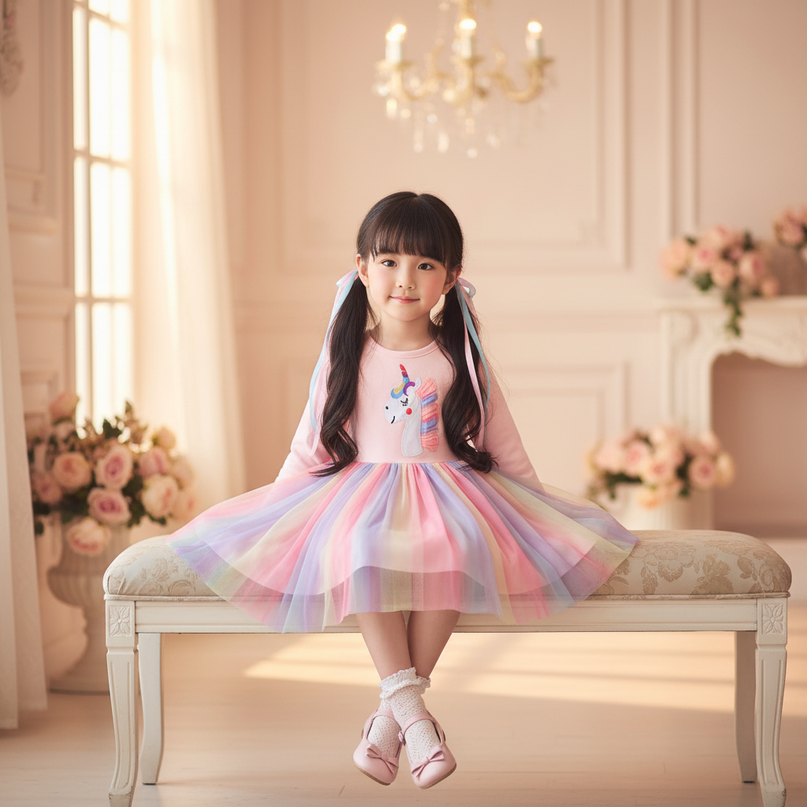rainbow unicorn long sleeve dress - sitting