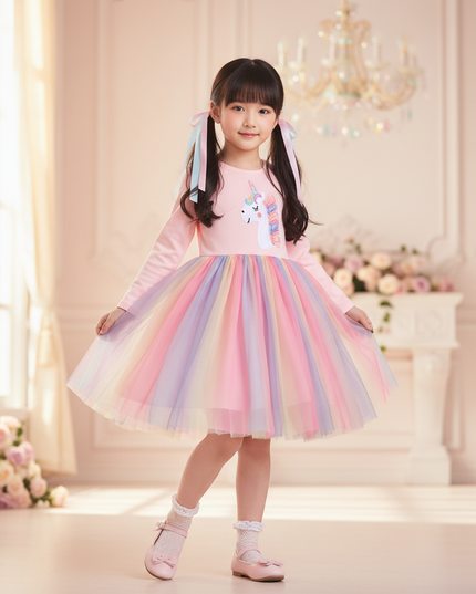 rainbow unicorn long sleeve dress - three-quarter