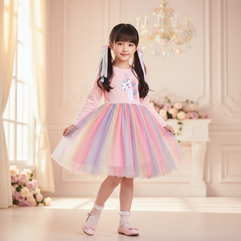 rainbow unicorn long sleeve dress - three-quarter