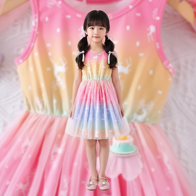 rainbow unicorn mesh dress girls - detail