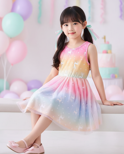rainbow unicorn mesh dress girls - sitting