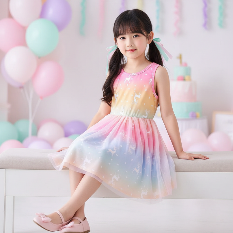 rainbow unicorn mesh dress girls - sitting