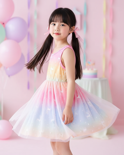 rainbow unicorn mesh dress girls - three-quarter