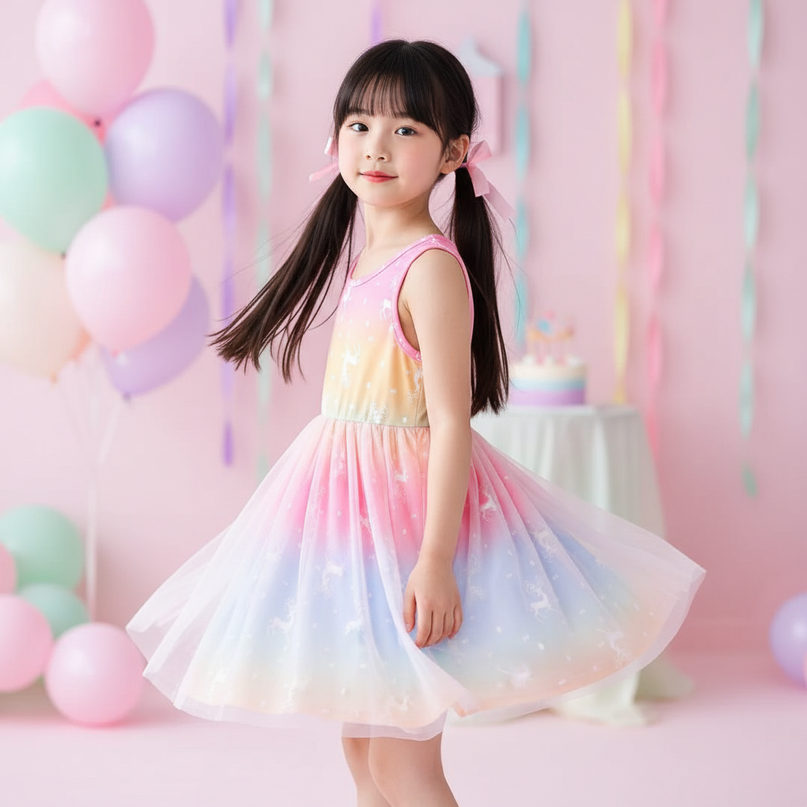 rainbow unicorn mesh dress girls - three-quarter