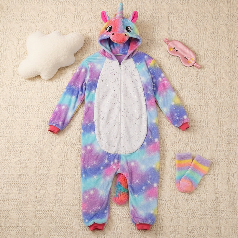 rainbow unicorn onesie adult - flat-lay