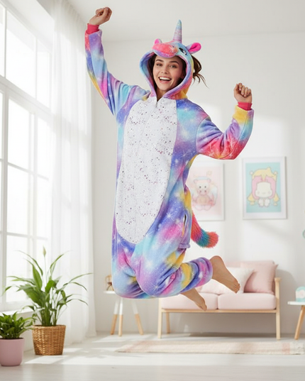 rainbow unicorn onesie adult - in-use