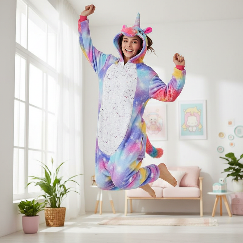 rainbow unicorn onesie adult - in-use