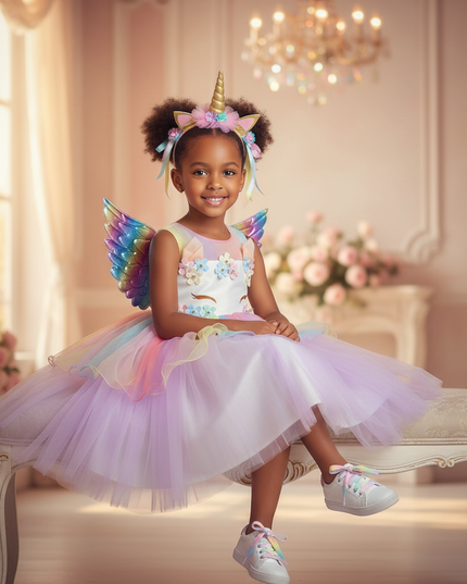 rainbow unicorn party dress - sitting