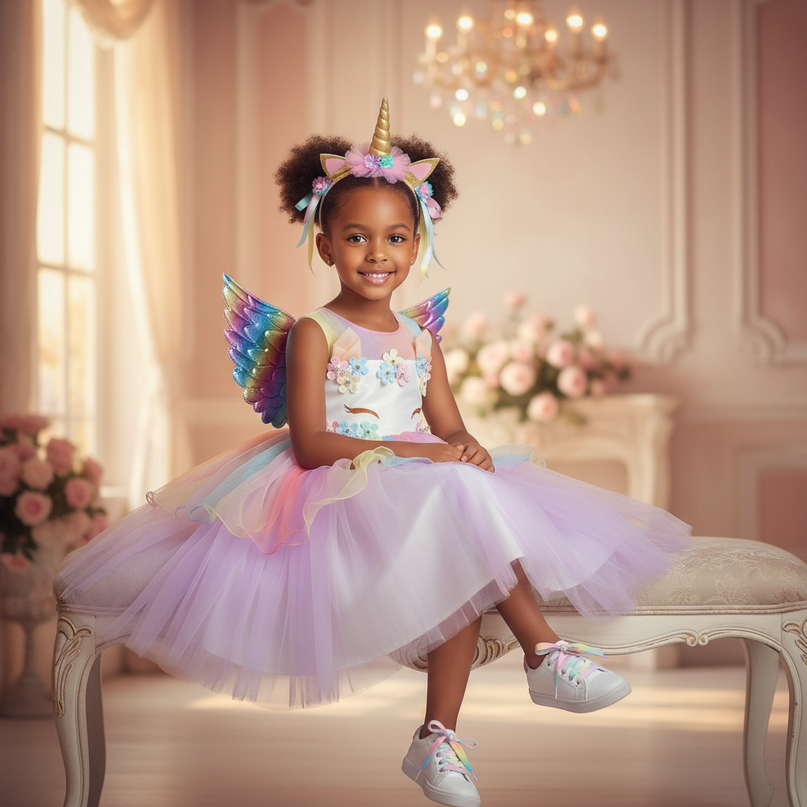 rainbow unicorn party dress - sitting