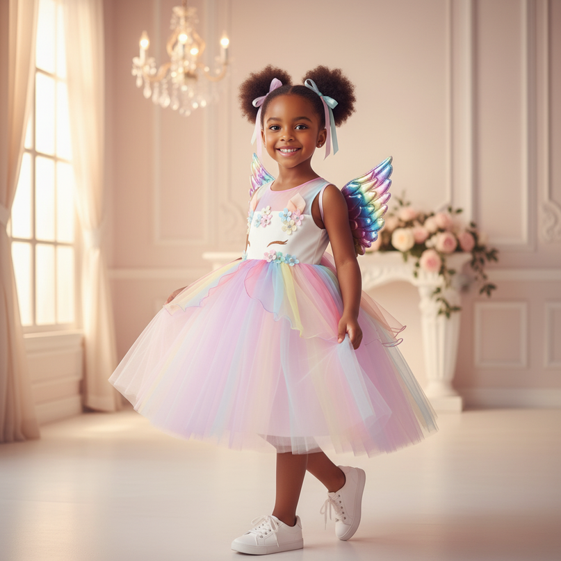rainbow unicorn party dress - three-quarter