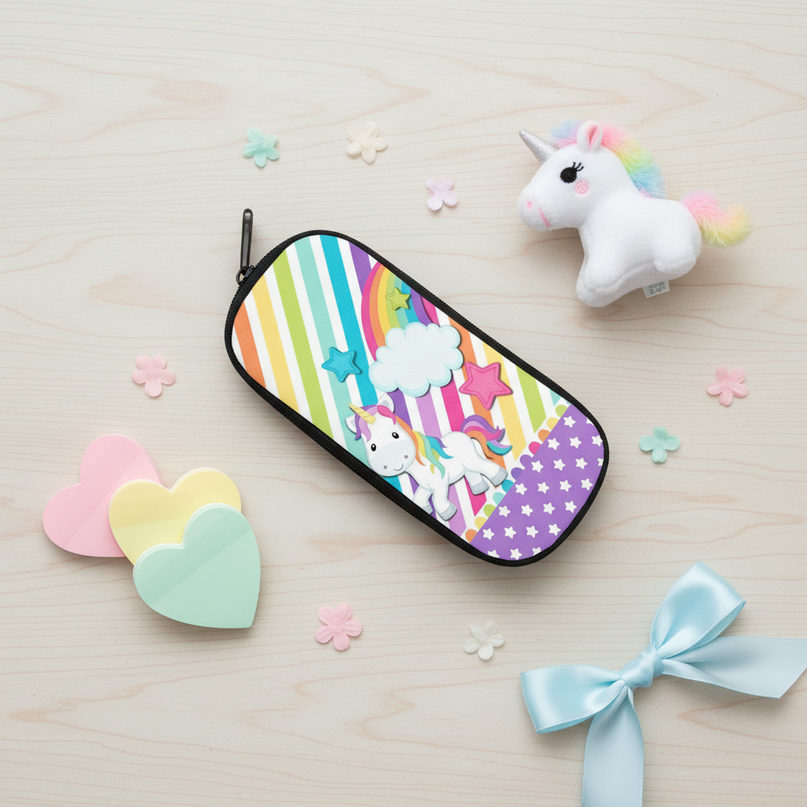 rainbow unicorn pencil case - flat-lay