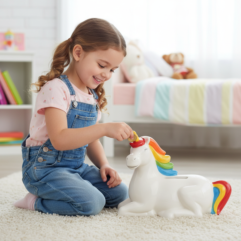 rainbow unicorn piggy bank - in-use