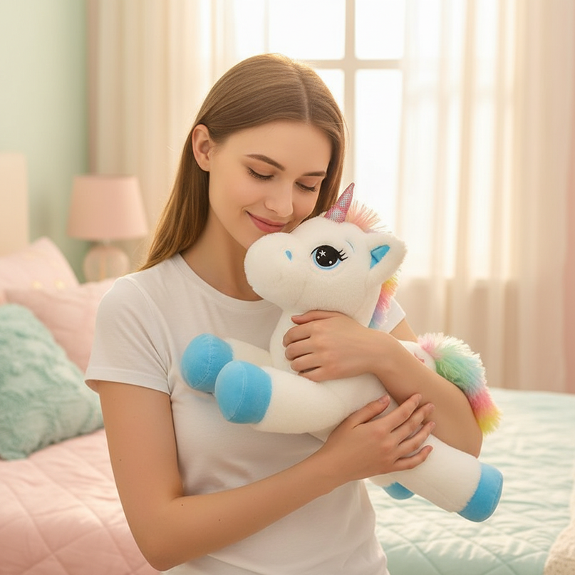 rainbow unicorn plush animal - in-use