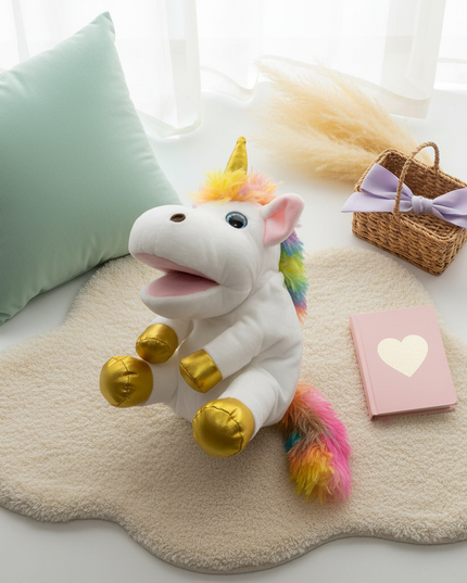 rainbow unicorn plush puppet - flat-lay