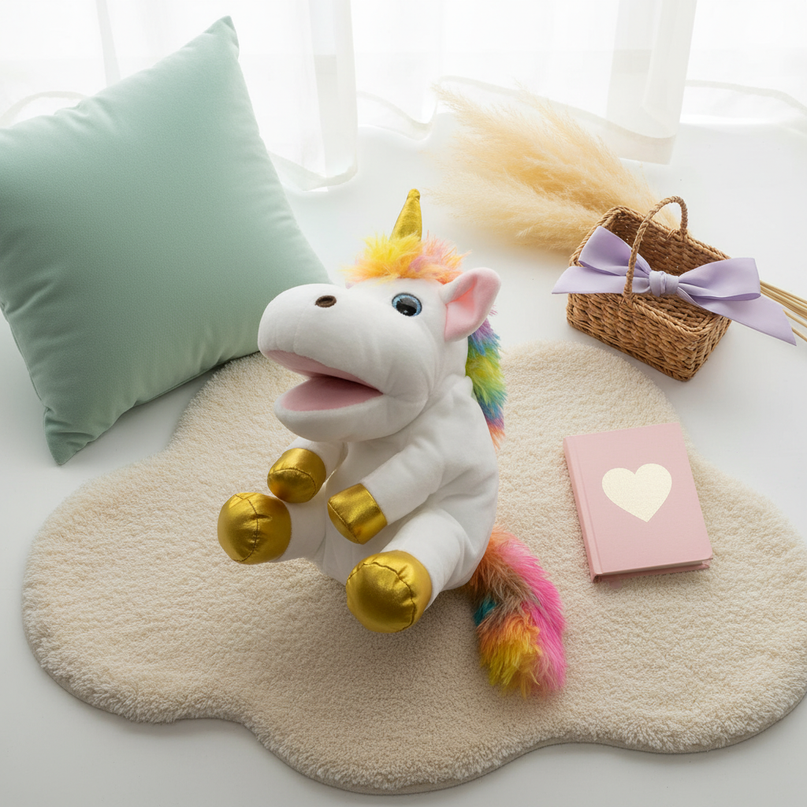 rainbow unicorn plush puppet - flat-lay