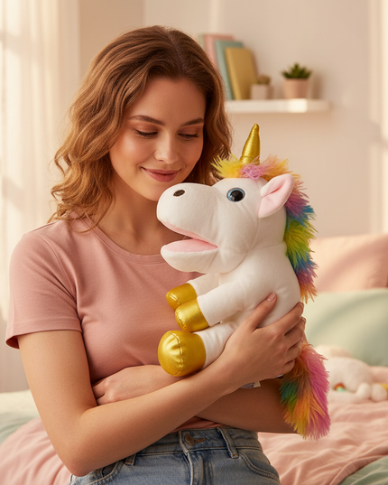 rainbow unicorn plush puppet - in-use