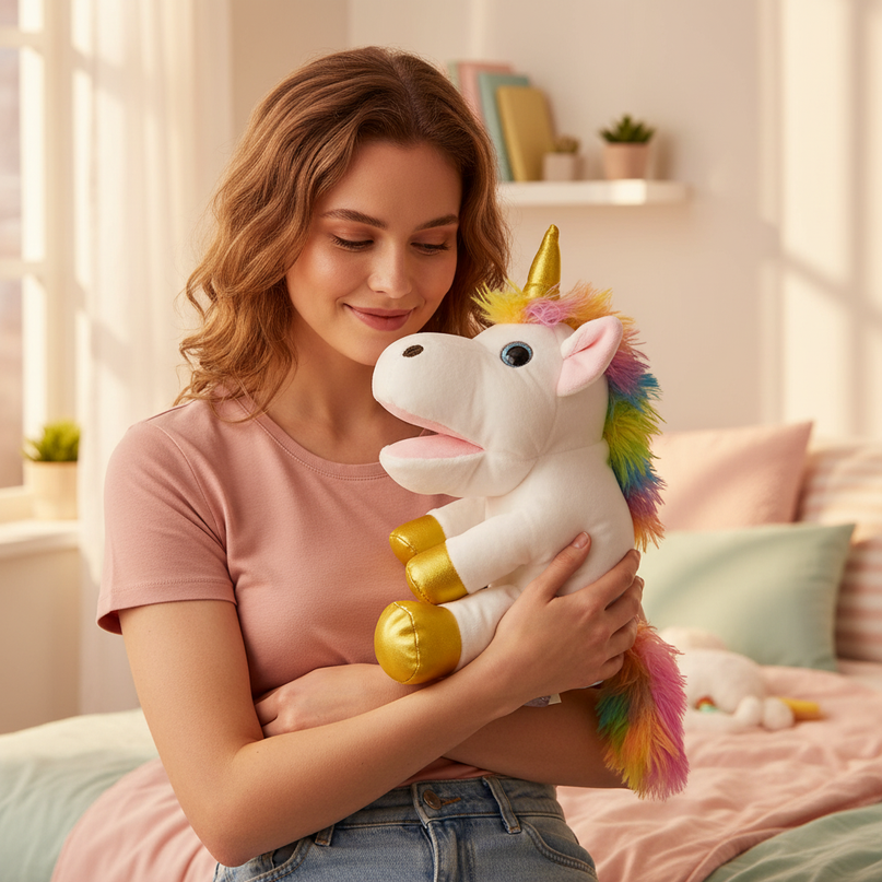 rainbow unicorn plush puppet - in-use