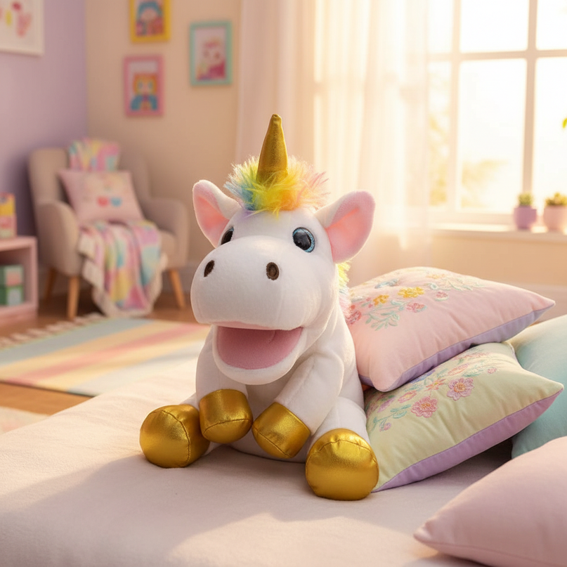 rainbow unicorn plush puppet - lifestyle
