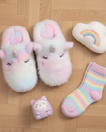 rainbow unicorn plush slippers - flat-lay
