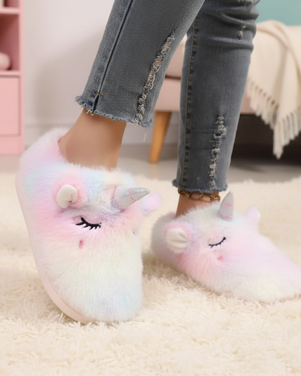 rainbow unicorn plush slippers - in-use