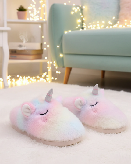 rainbow unicorn plush slippers - lifestyle