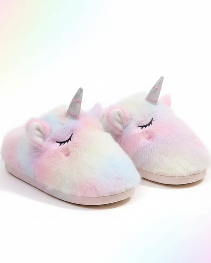 rainbow unicorn plush slippers - white-bg