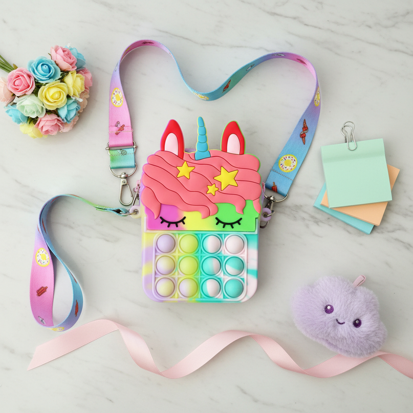 rainbow unicorn pop it purse - flat-lay