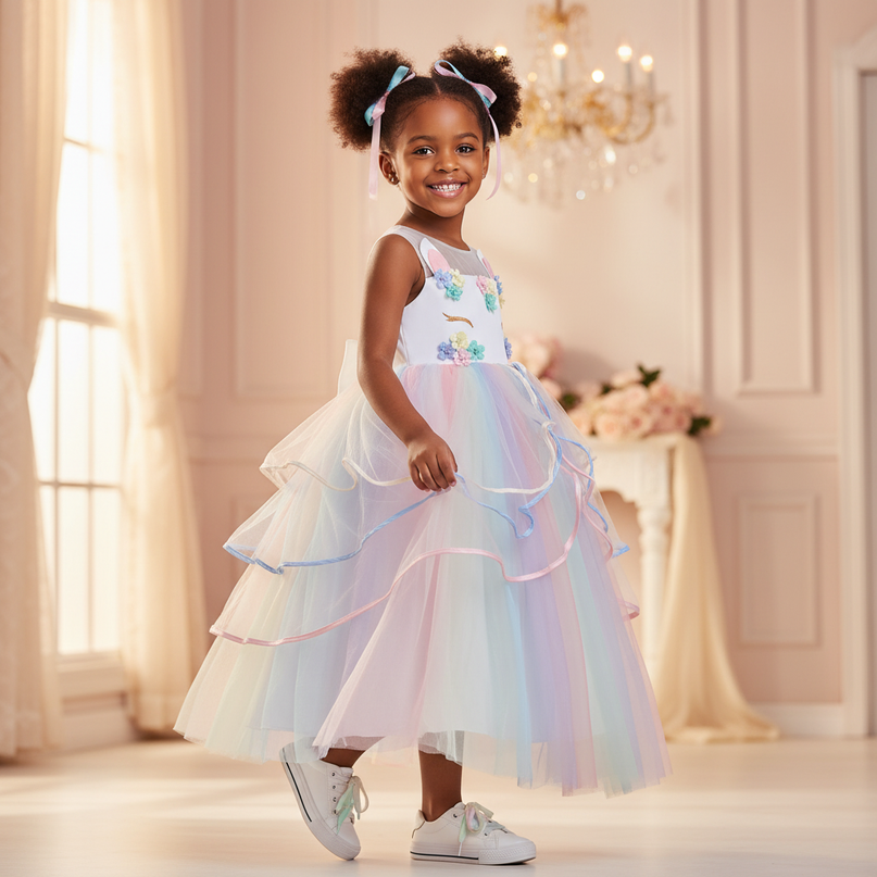 rainbow unicorn princess dress - three-quarter