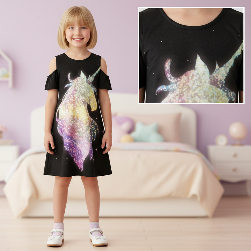 rainbow unicorn print dress girls - detail