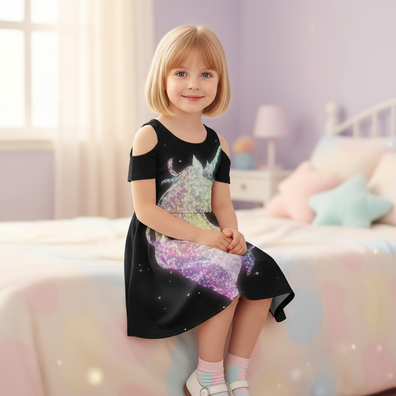 rainbow unicorn print dress girls - sitting